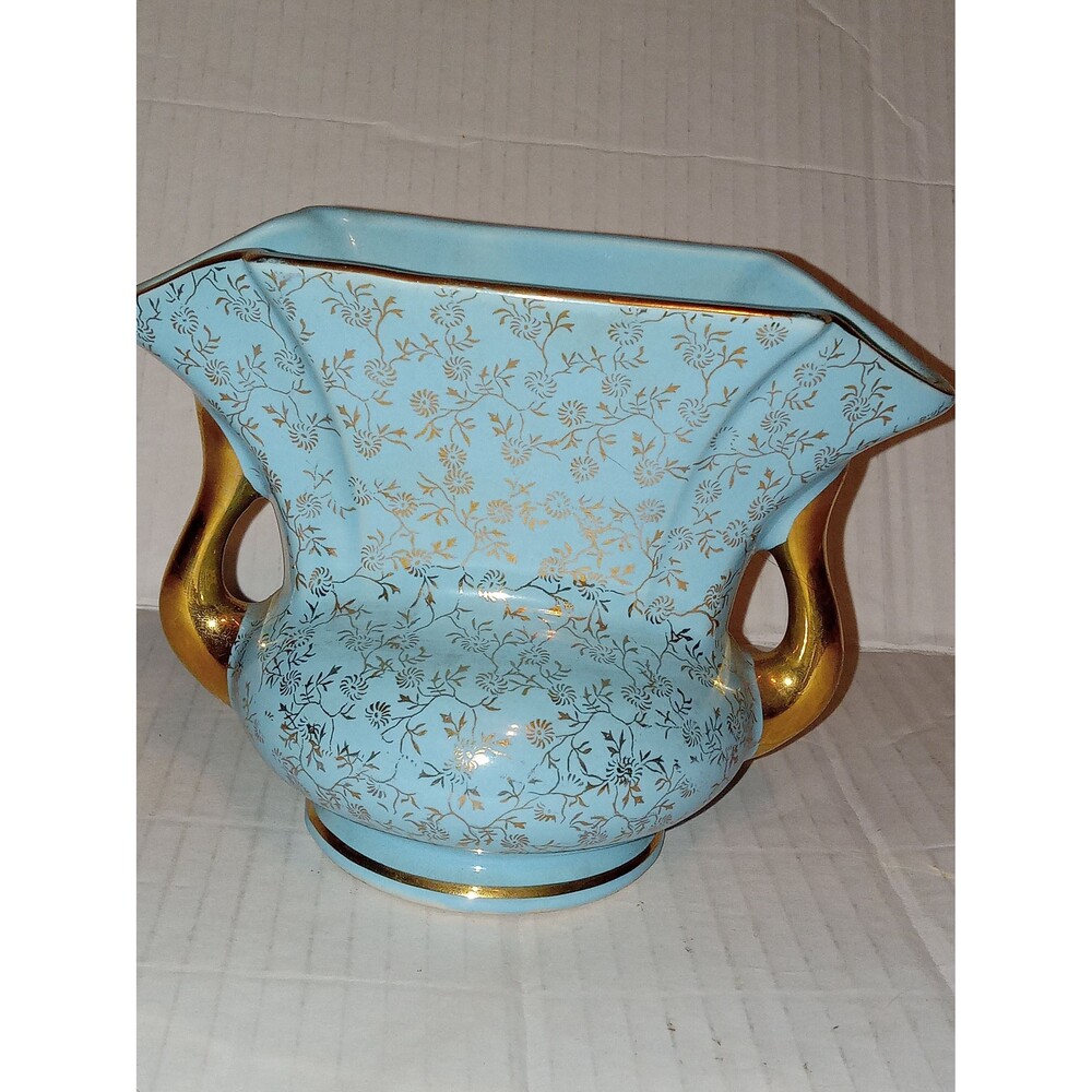 Vintage Pearl China Fan Vase, Robins Egg Blue with 22Kt Gold